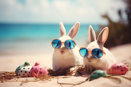 A Playful Tropical Beach Scene with Bunny and Brightly Colored Easter Eggs. Generative AIの素材