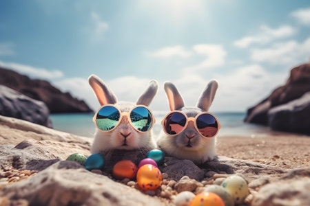 A Playful Tropical Beach Scene with Bunny and Brightly Colored Easter Eggs. Generative AIの素材