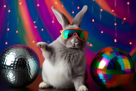 A Playful Disco Scene with Bunny DJ, Disco Ball, and Brightly Colored Easter Eggs. Generative AIの素材