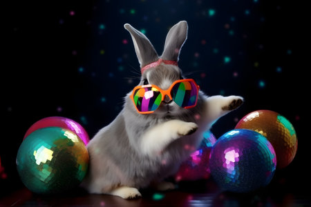 A Playful Disco Scene with Bunny DJ, Disco Ball, and Brightly Colored Easter Eggs. Generative AIの素材