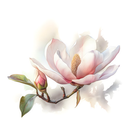 Watercolor illustration of magnolia flower, isolated on white background. Generative AIの素材