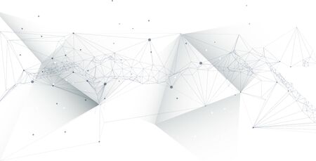 Vector illustration molecule, connected lines with dots and polygon shape on white color background. Abstract internet network connection design. Digital data,science and futuristic technology conceptのイラスト素材