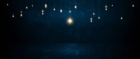 Vector abstract empty blue and black color studio room with lamp or lightbulb. Illustration design spotlight with blank, empty space and dark wall texture background. Used to display your productsのイラスト素材