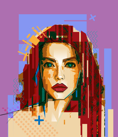 Abstract Illustration person vector art. Woman - female portrait. Model girl with red hair and red lip. Beauty face young lady. Modern graphic design character for background, poster, fashion modelのイラスト素材
