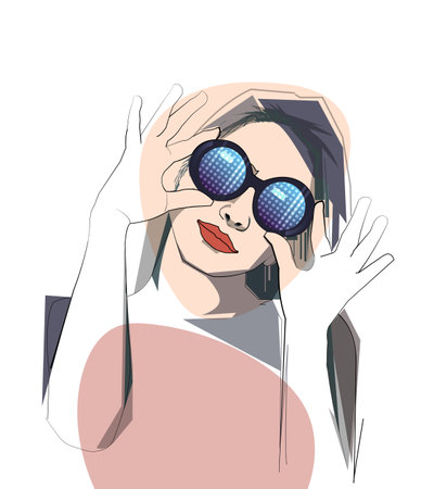 Simple color illustration, person vector art. Woman - female portrait. Model girl with sunglasses. Beauty face young lady. Minimal graphic design character for poster background, fashion modelのイラスト素材