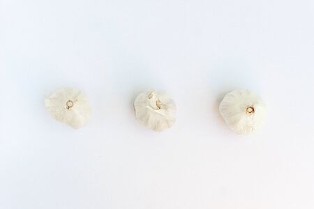 three whole raw garlic isolated on white. Minimalist photo of raw garlic. Ingredients photo concept.の写真素材