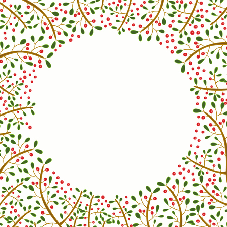 Decorative frame of hand-drawn and painted twigs with leaves and berries. Vector graphics.のイラスト素材