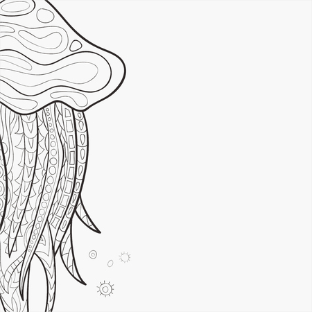 Decorative frame with hand-drawn ornamental jellyfish. Style zentangl. Vector graphics.のイラスト素材