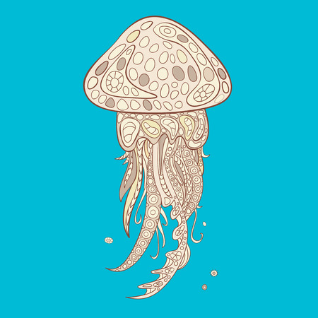 Hand-drawn and painted decorative jellyfish in zentangle style. Vector graphics.のイラスト素材