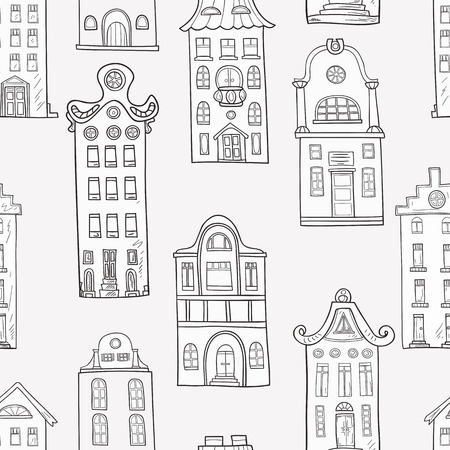 Seamless pattern of hand-painted homes. Monochrome gamma. Pattern for coloring book. Vector graphics.のイラスト素材