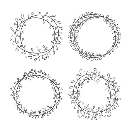 Set of round frames, hand-drawn. Round frame made of branches with leaves and berries. Wreath painted by hand.のイラスト素材
