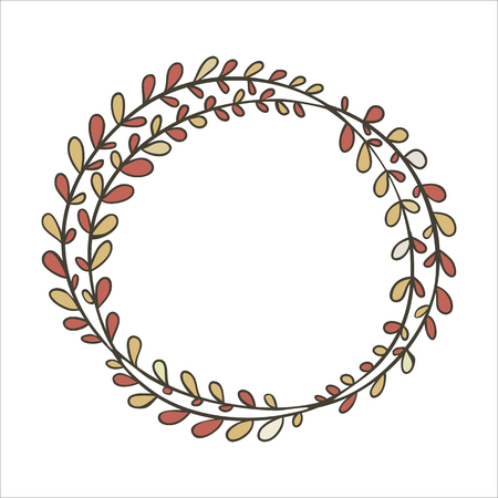 Hand-drawn, round frame. Round frame made of branches with leaves. Autumn, vintage colors. Wreath painted by hand.のイラスト素材