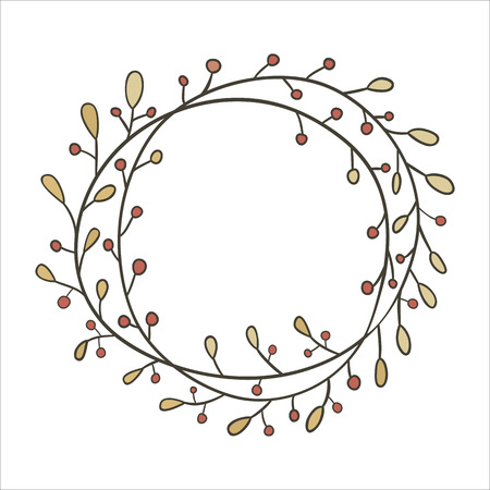 Hand-drawn, round frame. Round frame made of branches with leaves and berries. Autumn, vintage colors. Wreath painted by hand.のイラスト素材