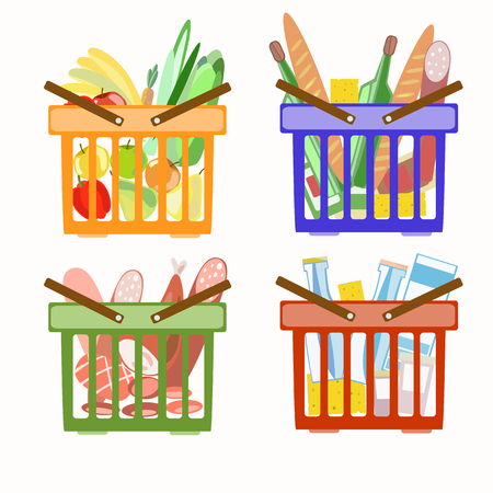 Set of baskets from the supermarket. Basket with meat products. Basket with dairy products. Basket with fruits and vegetables.のイラスト素材