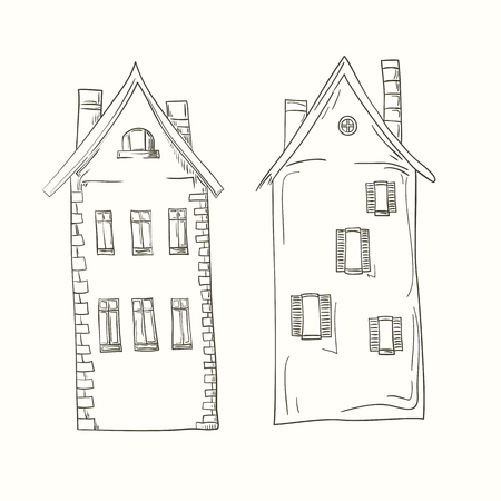 Hand-drawn set of houses with chimneys. Monochrome gamma.のイラスト素材