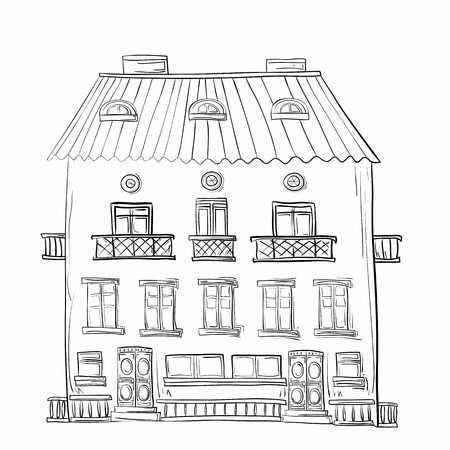 Hand-drawn three-storey house with a balcony. Monochrome gamma.のイラスト素材