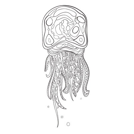 Hand drawn vector jellyfish in black and white zentangle doodle style. Pattern for coloring book.のイラスト素材