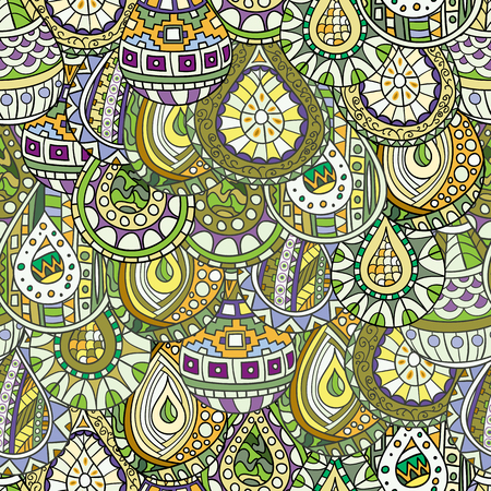 Seamless pattern of hand-drawn and colored abstract, geometric drops, zentangl style.のイラスト素材