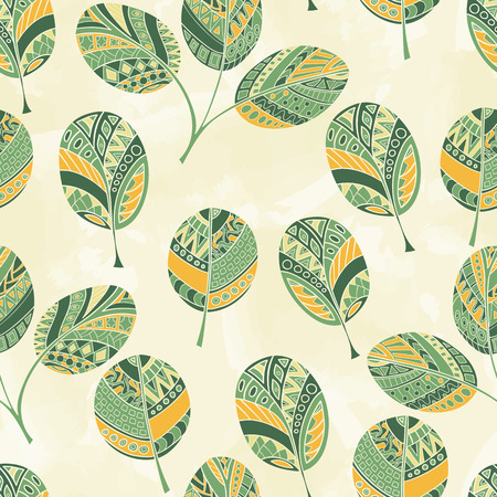 Seamless pattern of hand-drawn and colored leaves. Vector graphics.のイラスト素材
