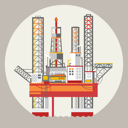 Drilling rig at sea. Oil platform, gas fuel, industry offshore, drill technology, flat illustration. Ecology Concept.のイラスト素材