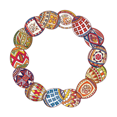 Circle frame of colorful easter eggs. Vector graphics.のイラスト素材