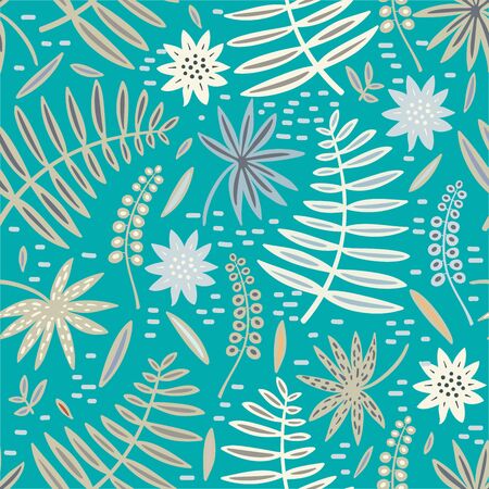 Tropical leaf and flowers seamless pattern. Palm leaves vector graphics.のイラスト素材