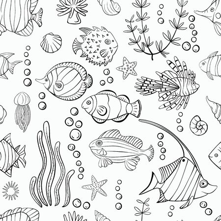 Tropical fishes and underwater plants seamless pattern. Ocean life background.のイラスト素材