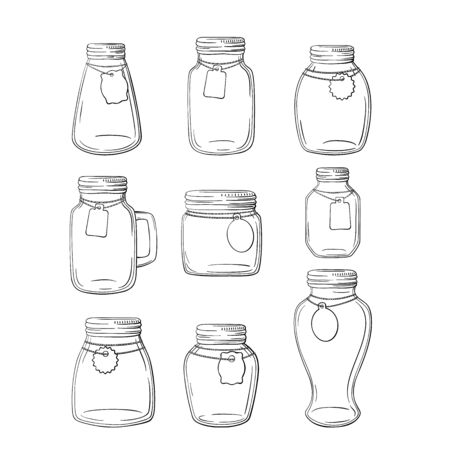 Set of hand-drawn mason jars. Vector set mason jars on white background.のイラスト素材