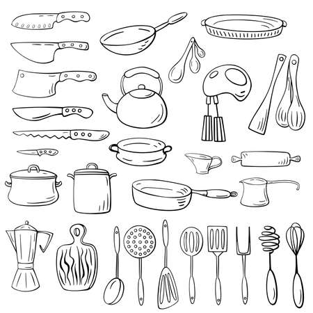 Set of hand-drawn kitchen supplies. Doodle cooking utensils set. Cartoon kitchenware.のイラスト素材
