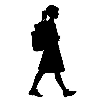 Isolated silhouette of a girl with school backpack going to schoolのイラスト素材