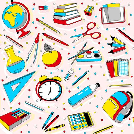 Back to school seamless pattern in red, blue and yellowの写真素材