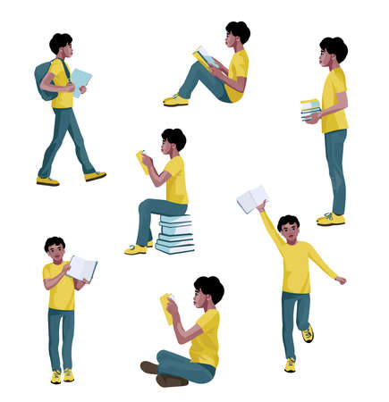 Vector isolated figure of a running black schoolboy with an open book in his handsのイラスト素材