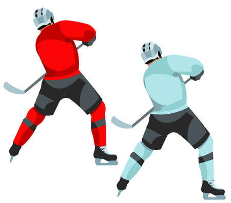 Two vector isolated figures of a hockey player in a red and blue sports uniform with a stick on skates rear viewのイラスト素材