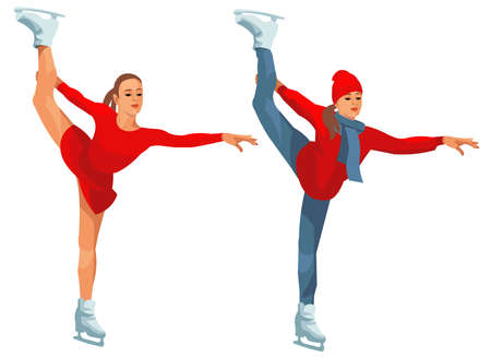 Two vector isolated silhouettes of a dark-skinned figure skater with her leg raised high in a dress and a winter jacket and hatのイラスト素材
