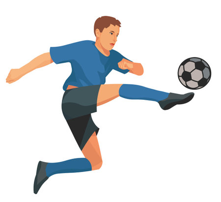 Vector isolated figure of a jumping teenage football player in a blue sports uniform with a ballのイラスト素材