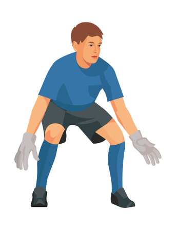 Vector isolated teenage figure of a football goalkeeper in a blue sports uniform standing half bent in front of the goal to protect themのイラスト素材
