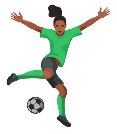 Vector isolated female figure of a Cameroonian teenage women's football player jumping over a ball waving his armsのイラスト素材