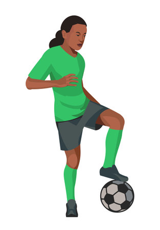 Vector isolated figure of a standing black teenage women's football player putting her foot on the ball on a white backgroundのイラスト素材