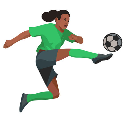 Vector isolated figure of a jumping Senegalese teenage women's football player in a green sports uniform with a ballのイラスト素材
