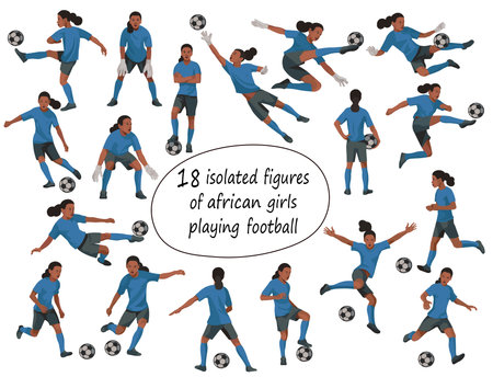 Isolated figures of black teenage women's football players running, jumping, grabbing the ballのイラスト素材
