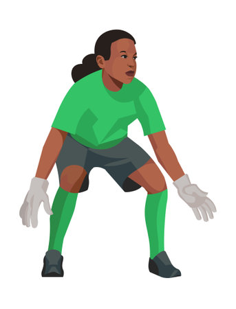 Vector isolated figure of a Ghanaian girl football goalkeeper in a green sports uniform standing in front of the goal to protect themのイラスト素材