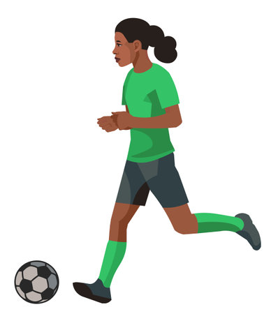 Vector isolated girl figure of a Southern African junior football player in profile running after a ball on a white backgroundのイラスト素材