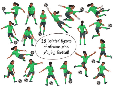 Vector figures of African junior football girl team in various poses on a white backgroundのイラスト素材