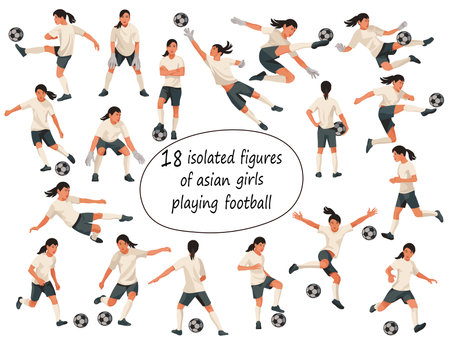 Set of 18 isolated female figures of Asian teenage women's football players in various poses in motionのイラスト素材