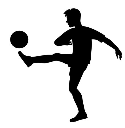 Teenage footballer black figure kicking the ball in profileのイラスト素材
