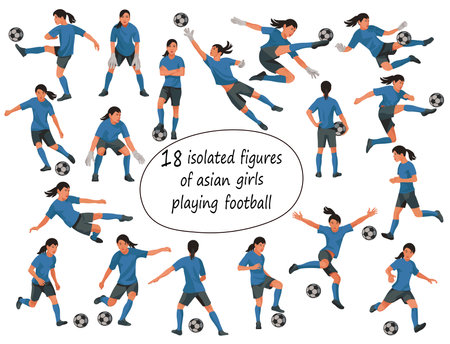 Team of Asian junior football girl players running, jumping, grabbing the ball on white backgroundのイラスト素材