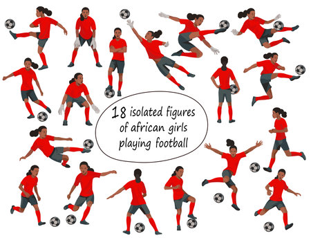 Set of 18 isolated figures of Nigerian junior football girl on a white backgroundのイラスト素材