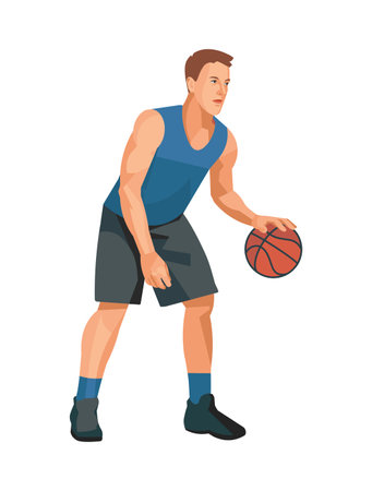 Vector isolated figure of a basketball player who stands and hits the ball with one hand on a white backgroundのイラスト素材