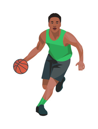 Vector isolated image of a black running basketball player in green gear on a white backgroundのイラスト素材