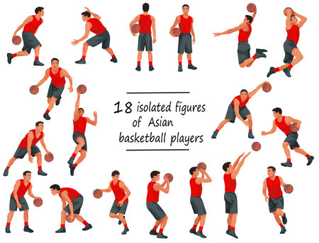 Set of 18 isolated vector figures of eastern basketball team players in various poses and motion on a white backgroundのイラスト素材